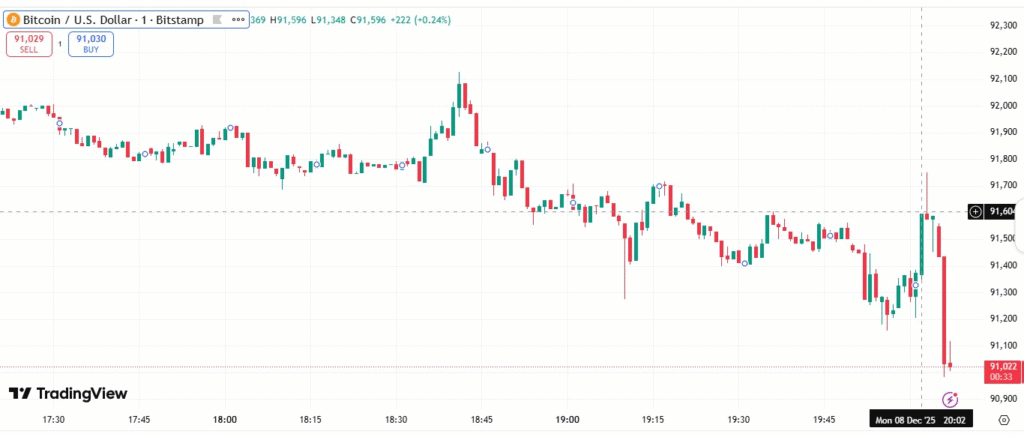 Bitcoin price breaking above $91,000 on TradingView chart during the 2025 rally.